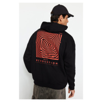 Trendyol Black Oversize/Wide Fit Hooded Labyrinth Print Fleece Cotton Sweatshirt