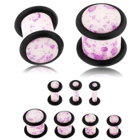 Plug do ucha, akryl, bílý povrch s fialovými skvrnami, černé gumičky - Tloušťka : 8 mm Šperky eshop