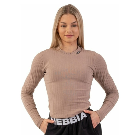 Nebbia Organic Cotton Ribbed Long Sleeve Top Brown Fitness tričko