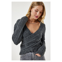 Happiness İstanbul Women's Anthracite Wrap Neck Seasonal Knitwear Sweater