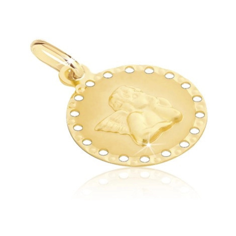 Zlatý přívěsek 585 - kulatá známka s malými otvory a andílkem Šperky eshop