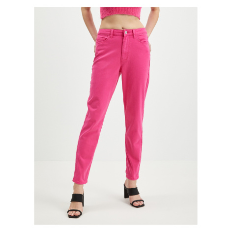 Tmavě růžové dámské zkrácené mom fit džíny Pieces Kesia - Dámské