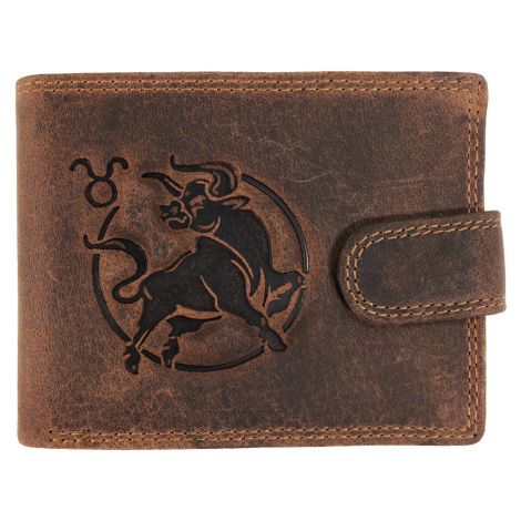 WILD Pánská kožená peněženka s přeskou s obrázky znamení - BÝK - hnědá