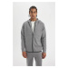 DEFACTO Men's Gray Fit Slim Fit Zippered Scuba Diving Fabric Hooded Cardigan