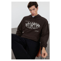 Trendyol Brown Oversize/Wide Cut Front Embroidered Printed Fleece Inside Hooded Sweatshirt