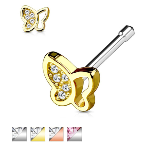 Ocelový piercing do nosu, motýlek se vsazenými třpytivými zirkonky - Barva piercing: Zlatá - čir Šperky eshop