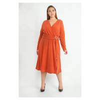 Şans Women's Plus Size Orange Waist Detailed Evening Dress