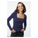 Trendyol Navy Blue Cotton Square Collar Regular Fit Knitted Thin Blouse