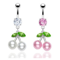 Ocelový piercing do pupíku, barevné třešně, perleťové kuličky, zirkony - Barva piercing: Růžová