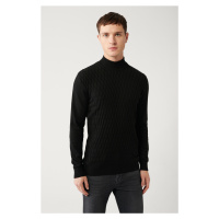 Avva Men's Black Knitwear Sweater Half Turtleneck Front Textured Cotton Regular Fit