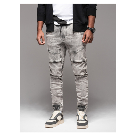 Ombre Men's denim jogger pants with rips and zippers - gray