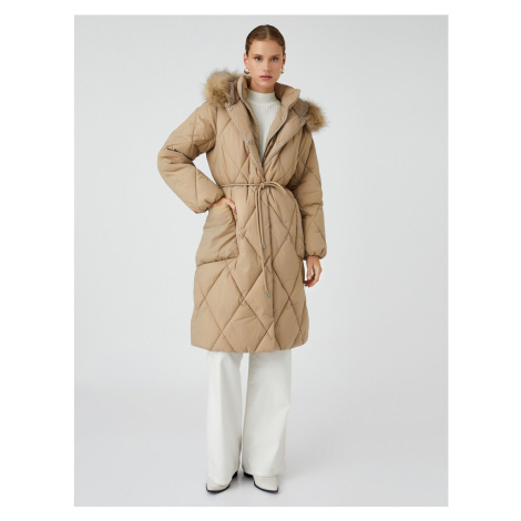 Koton Puffer Coat Plush Detailed Belted Snaps Hooded