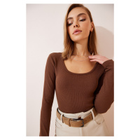 Happiness İstanbul Women's Brown U-Neck Ribbed Knitted Blouse