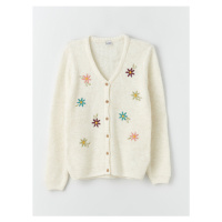 LC Waikiki Girls' V-Neck Embroidered Long Sleeve Knitwear Cardigan