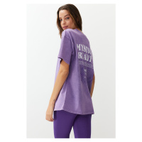 Trendyol Lilac Oversize/Large Wash Motto and Back Printed 100% Cotton Knitted T-Shirt