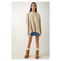 Happiness İstanbul Women's Beige High Neck Slit Knitwear Poncho Sweater