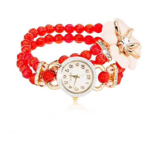 Náramkové hodinky z červených korálků, ciferník se zirkony, bílý květ se zirkonem Šperky eshop