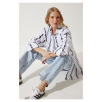 Happiness İstanbul Women's White Black Striped Oversize Poplin Shirt