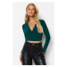 Trendyol Emerald Green Double Breasted Neck Fitted Crop Stretch Blouse