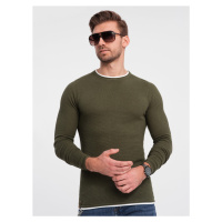 Ombre Men's cotton sweater with round neckline - dark olive