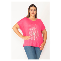 Şans Women's Plus Size Fuchsia Lacquer Printed V-Neck Low-Sleeve Blouse