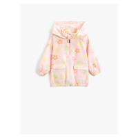 Koton Floral Raincoat with a Hooded Zipper, Stand-Up Collar, Pockets and Elasticated Cuffs and W