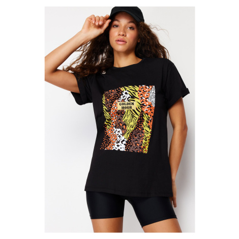 Trendyol Black Printed 100% Cotton Boyfriend/Wide Fit Knitted T-Shirt