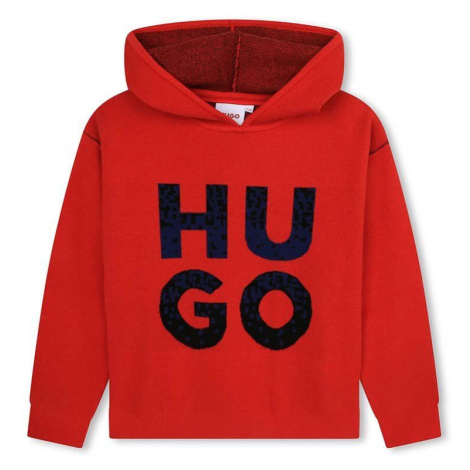 Dětská mikina HUGO červená barva, s kapucí, s potiskem Hugo Boss