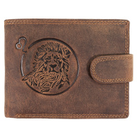 WILD Pánská kožená peněženka s přeskou s obrázky znamení - LEV - hnědá