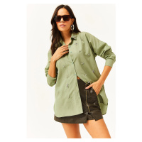 Olalook Women's Mustard Green Six Oval Woven Shirt with Stones on the Collar and Front