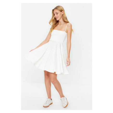 Trendyol White Flounce Stretchy Skater/Waist Opened Mini Knitted Mini Dress