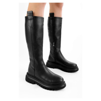 Shoeberry Women's Petol Black Leather Zippered Thick Soled Boots