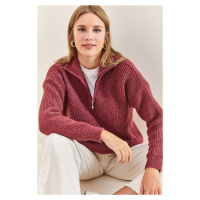 Bianco Lucci Women's Zippered Turtleneck Oversized Knitwear Sweater