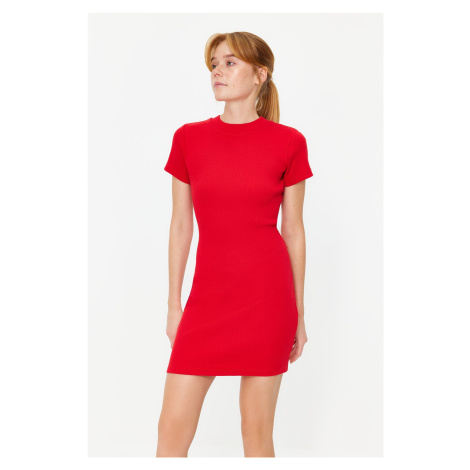 Trendyol Red Fitted Short Sleeve Crew Neck Mini Ribbed Stretch Knit Dress