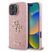 Guess PU Fixed Glitter 4G Metal Logo Zadní Kryt pro iPhone 16 Pro Pink