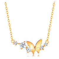 Zlatý náhrdelník 585 - jemný řetízek, motýl a oblouk z čirých třpytivých zirkonů