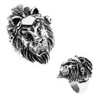 Prsten z oceli 316L, stříbrná barva, hlava lva, čelenka s pírky, lebky