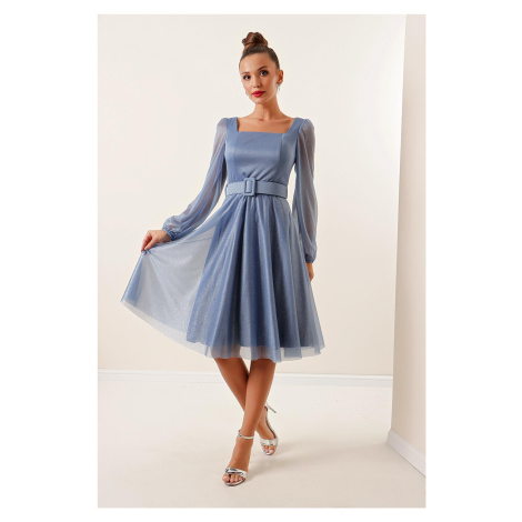 By Saygı Square Neck Belted Balloon Sleeve Lined Lurex Dress