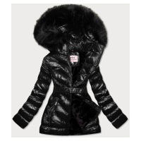 Černá lesklá zimní bunda s mechovitou kožešinou (W673)