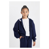 DEFACTO Girls Text Printed Navy Blue Hooded Zippered School Sweatshirt