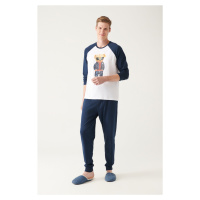 Avva Men's Navy Blue Crew Neck 100% Cotton With Special Boxes, Long Sleeves and Printed Pajamas 