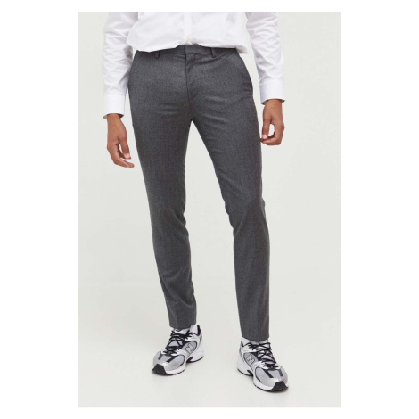 Vlněné kalhoty HUGO šedá barva, přiléhavé Hugo Boss