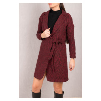 armonika Women's Red Side Tie Herringbone Pattern Long Cachet Coat