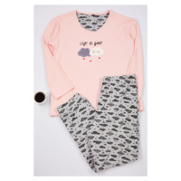 Trendyol Curve Pink Cloud Patterned Crew Neck Knitted Pajama Set