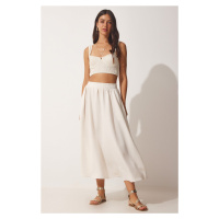 Happiness İstanbul Women's Cream Pocketed Woven Flared Skirt