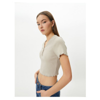 Koton V-Neck Crop T-Shirt Ribbed Short Sleeve Button Detailed