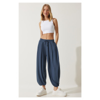 Happiness İstanbul Women's Indigo Blue Pleated Comfortable Modal Baggy Trousers