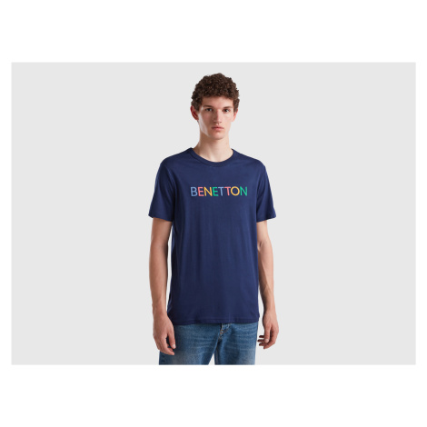 Benetton, Dark Blue T-shirt In Organic Cotton With Multicolored Logo United Colors of Benetton