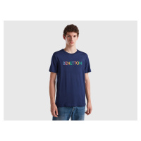 Benetton, Dark Blue T-shirt In Organic Cotton With Multicolored Logo