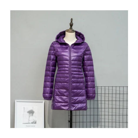 Dlouhá dámská péřová bunda – lehká, větruodolná, zimní s kapucí